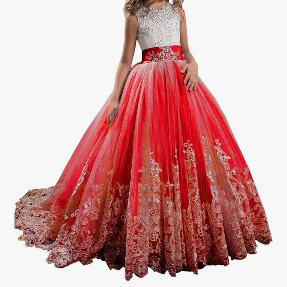 Elegant Red and White Gown with Lace Details